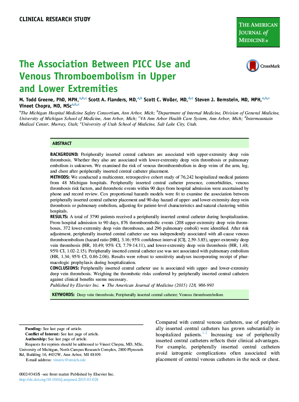 The Association Between PICC Use and Venous Thromboembolism in Upper and Lower Extremities