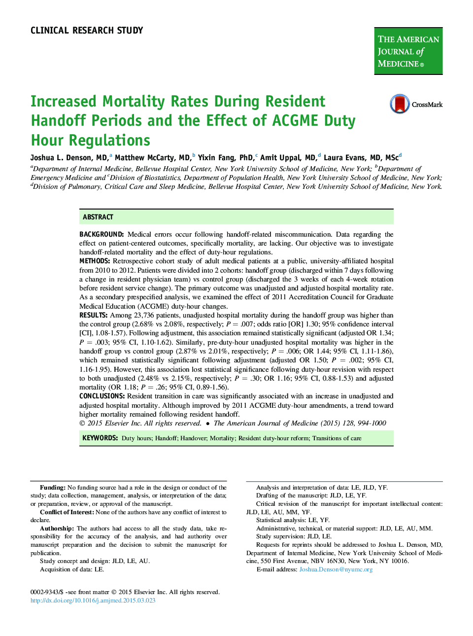 Increased Mortality Rates During Resident Handoff Periods and the Effect of ACGME Duty Hour Regulations