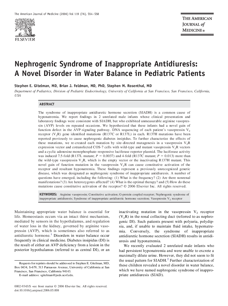 Nephrogenic Syndrome of Inappropriate Antidiuresis: A Novel Disorder in Water Balance in Pediatric Patients