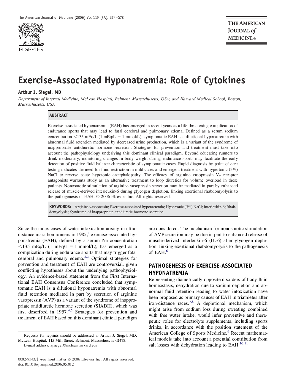 Exercise-Associated Hyponatremia: Role of Cytokines