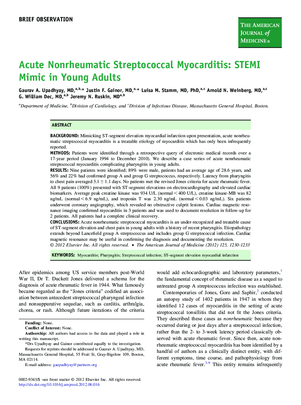 Acute Nonrheumatic Streptococcal Myocarditis: STEMI Mimic in Young Adults 