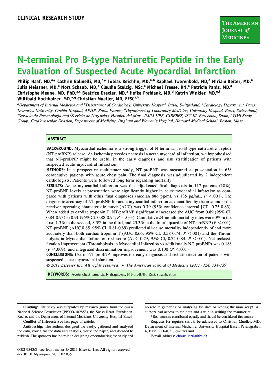 N-terminal Pro B-type Natriuretic Peptide in the Early Evaluation of Suspected Acute Myocardial Infarction 