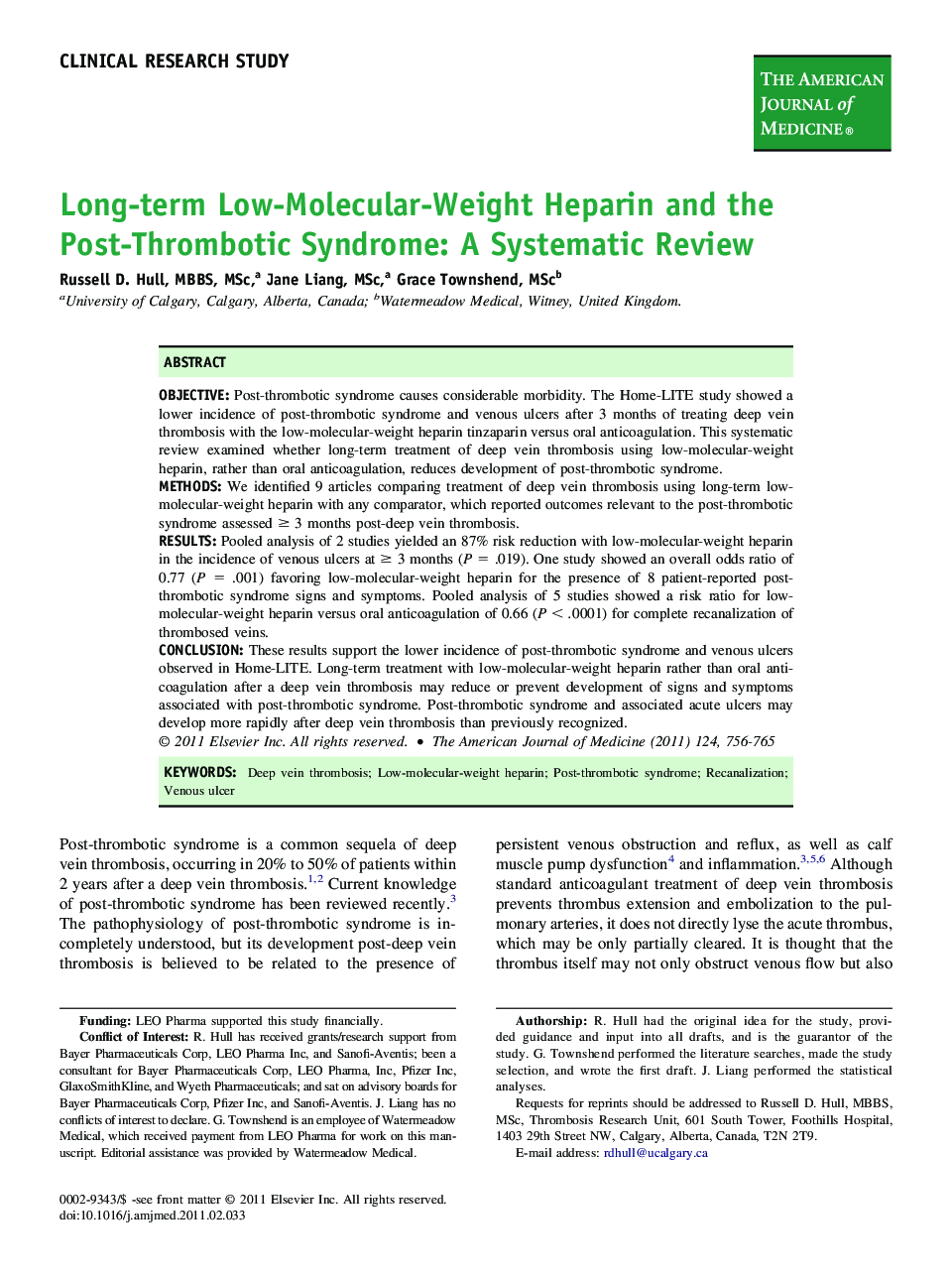 Long-term Low-Molecular-Weight Heparin and the Post-Thrombotic Syndrome: A Systematic Review 