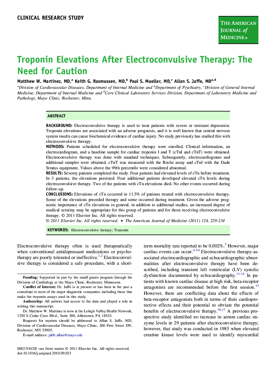 عکس صفحه اول مقاله: Troponin Elevations After Electroconvulsive Therapy: The Need for Caution Troponin Elevations After Electroconvulsive Therapy: The Need for Caution
