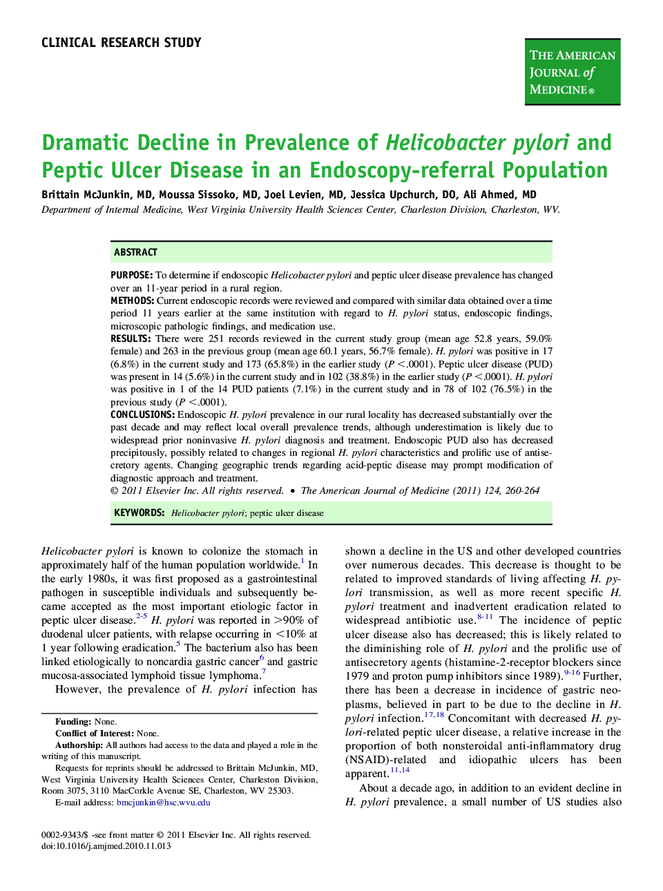 Dramatic Decline in Prevalence of Helicobacter pylori and Peptic Ulcer Disease in an Endoscopy-referral Population 