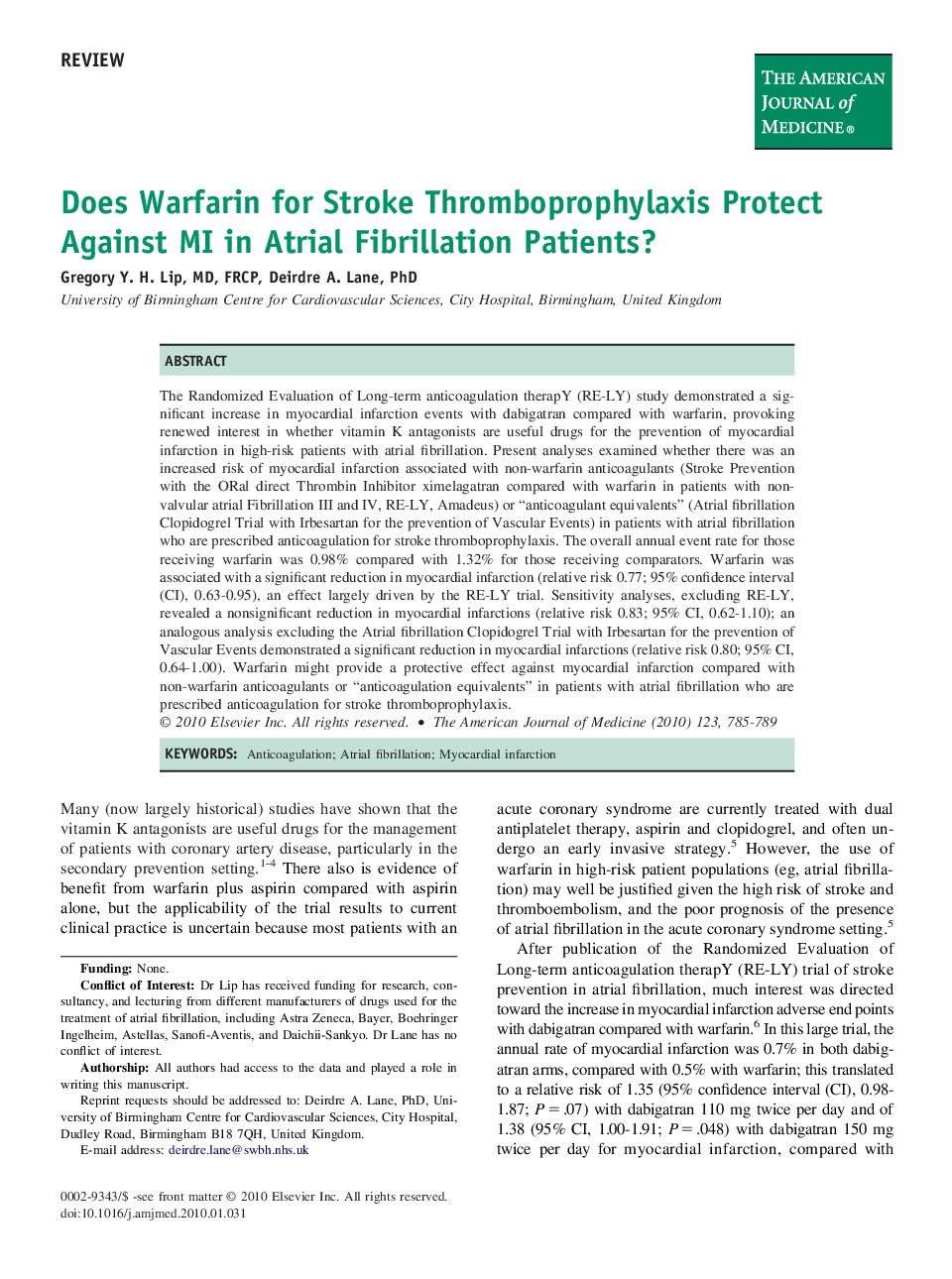 Does Warfarin for Stroke Thromboprophylaxis Protect Against MI in Atrial Fibrillation Patients? 