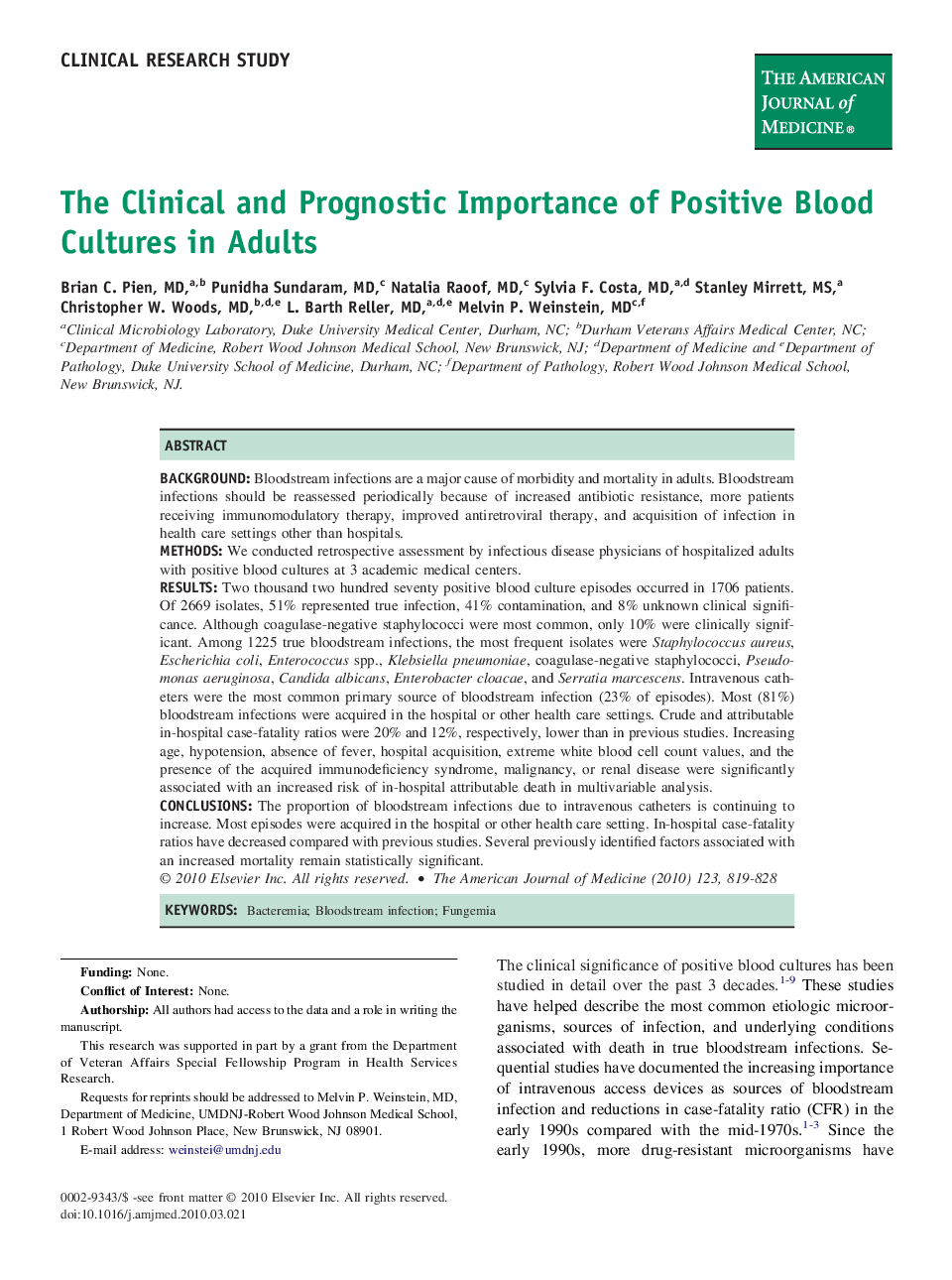 The Clinical and Prognostic Importance of Positive Blood Cultures in Adults 