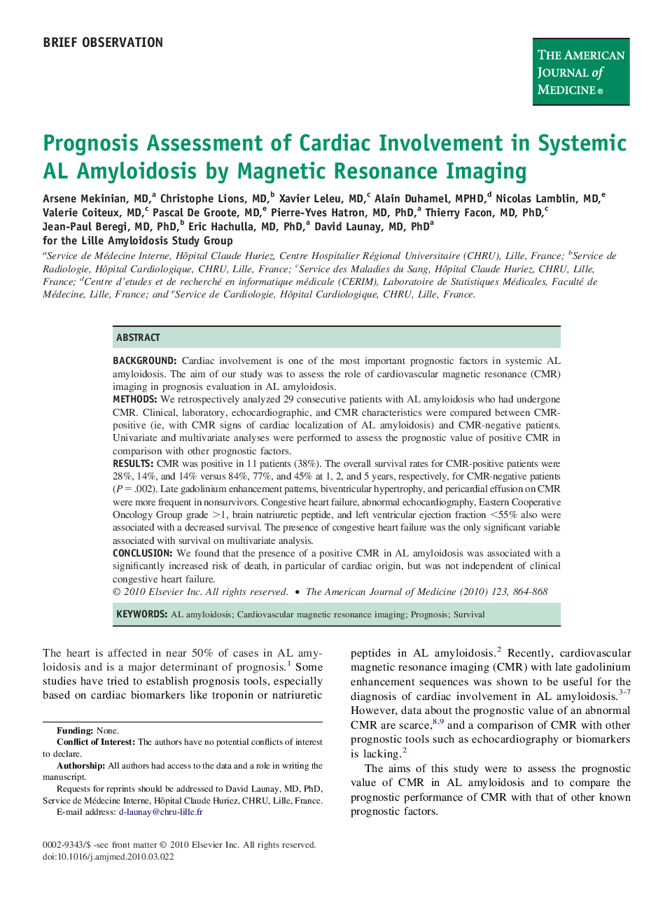 Prognosis Assessment of Cardiac Involvement in Systemic AL Amyloidosis by Magnetic Resonance Imaging 