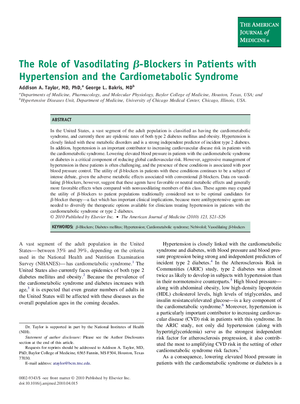 The Role of Vasodilating β-Blockers in Patients with Hypertension and the Cardiometabolic Syndrome 