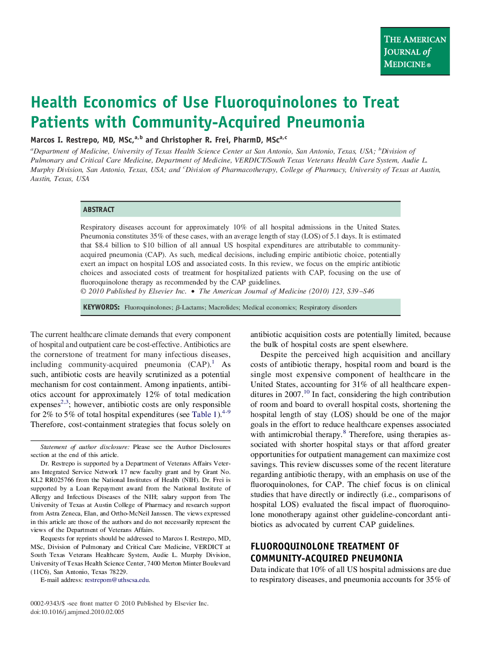 Health Economics of Use Fluoroquinolones to Treat Patients with Community-Acquired Pneumonia