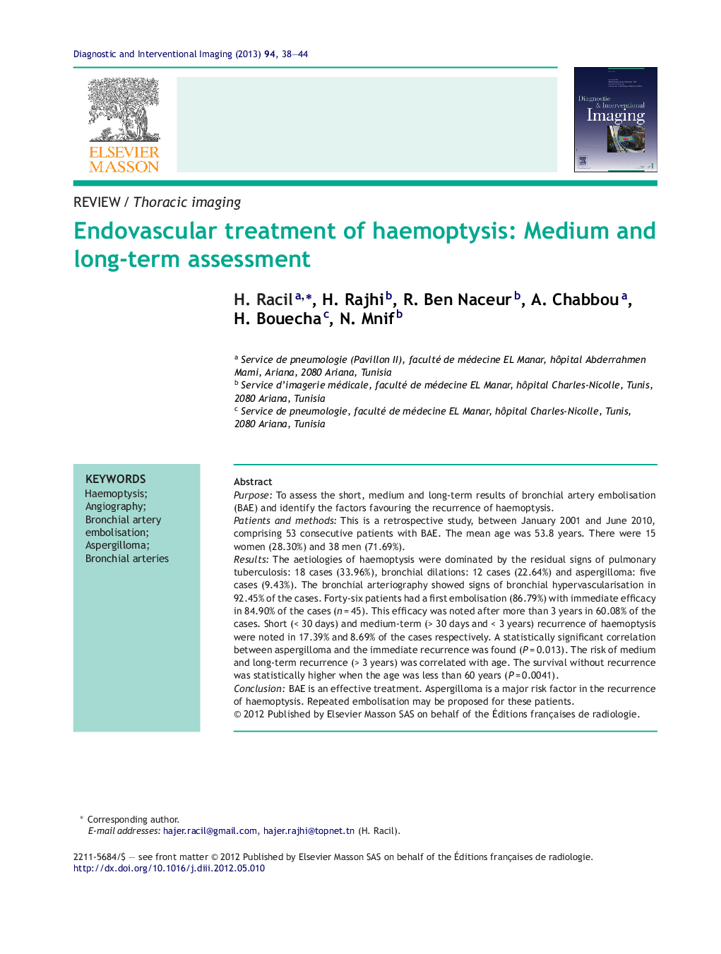 Endovascular treatment of haemoptysis: Medium and long-term assessment