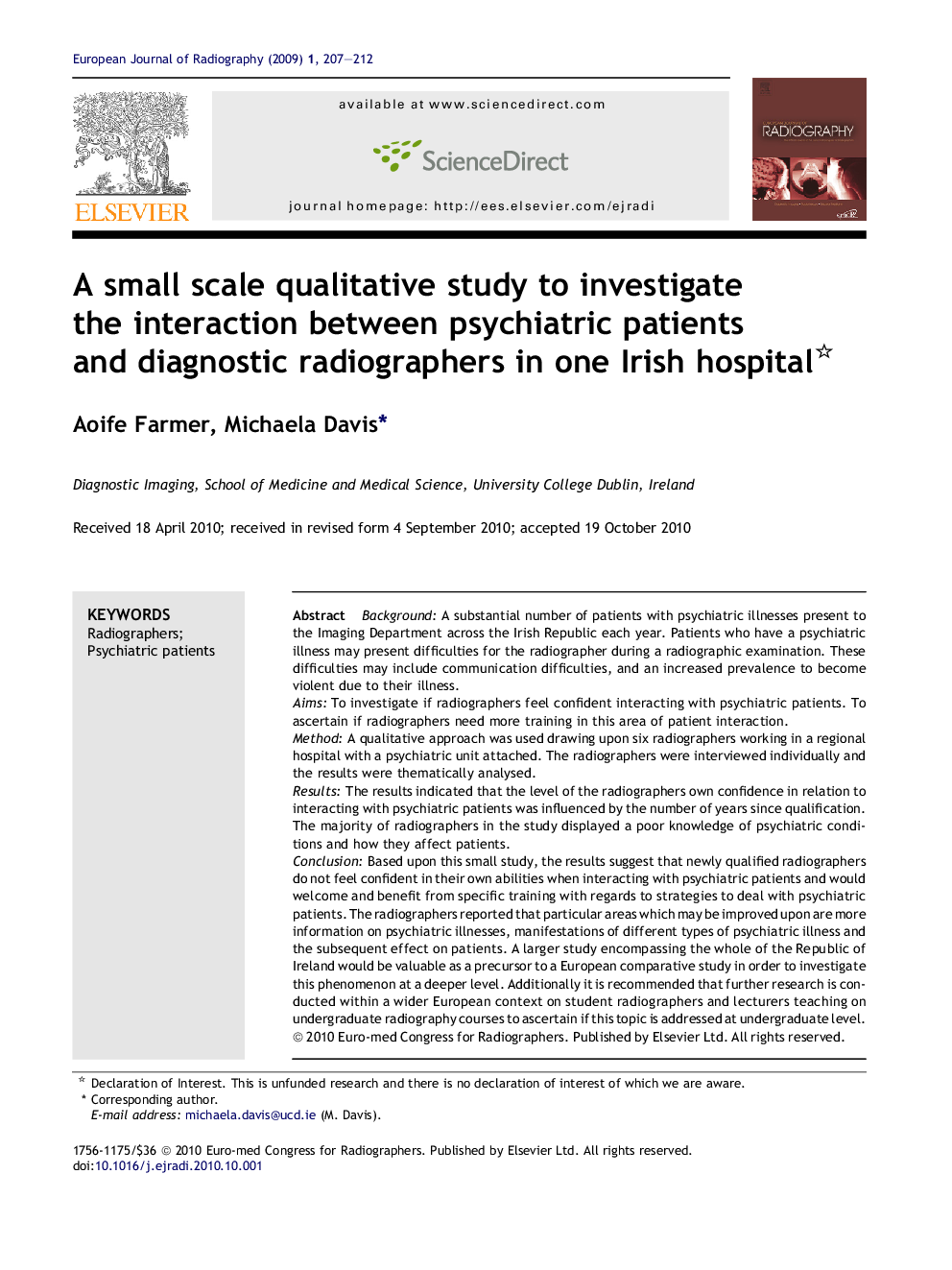 A small scale qualitative study to investigate the interaction between psychiatric patients and diagnostic radiographers in one Irish hospital