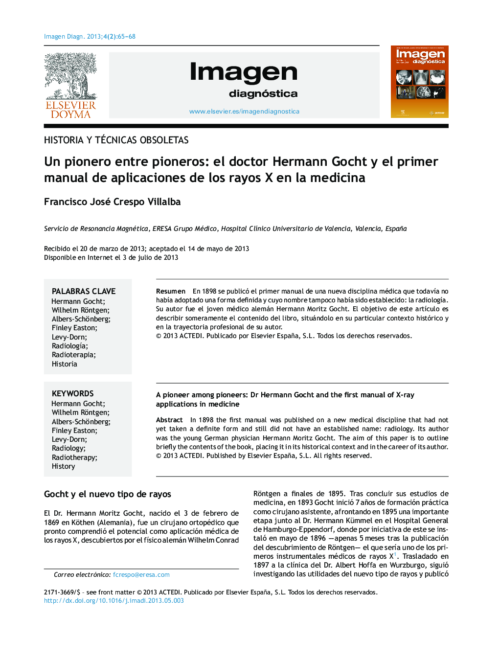 Un pionero entre pioneros: el doctor Hermann Gocht y el primer manual de aplicaciones de los rayos X en la medicina