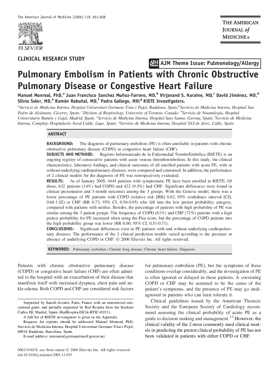 Pulmonary Embolism in Patients with Chronic Obstructive Pulmonary Disease or Congestive Heart Failure