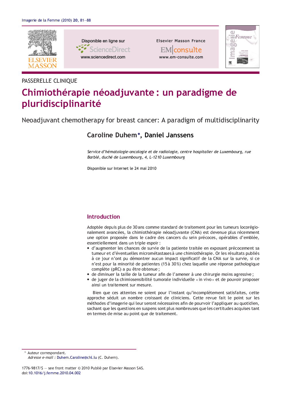 Chimiothérapie néoadjuvanteÂ : un paradigme de pluridisciplinarité