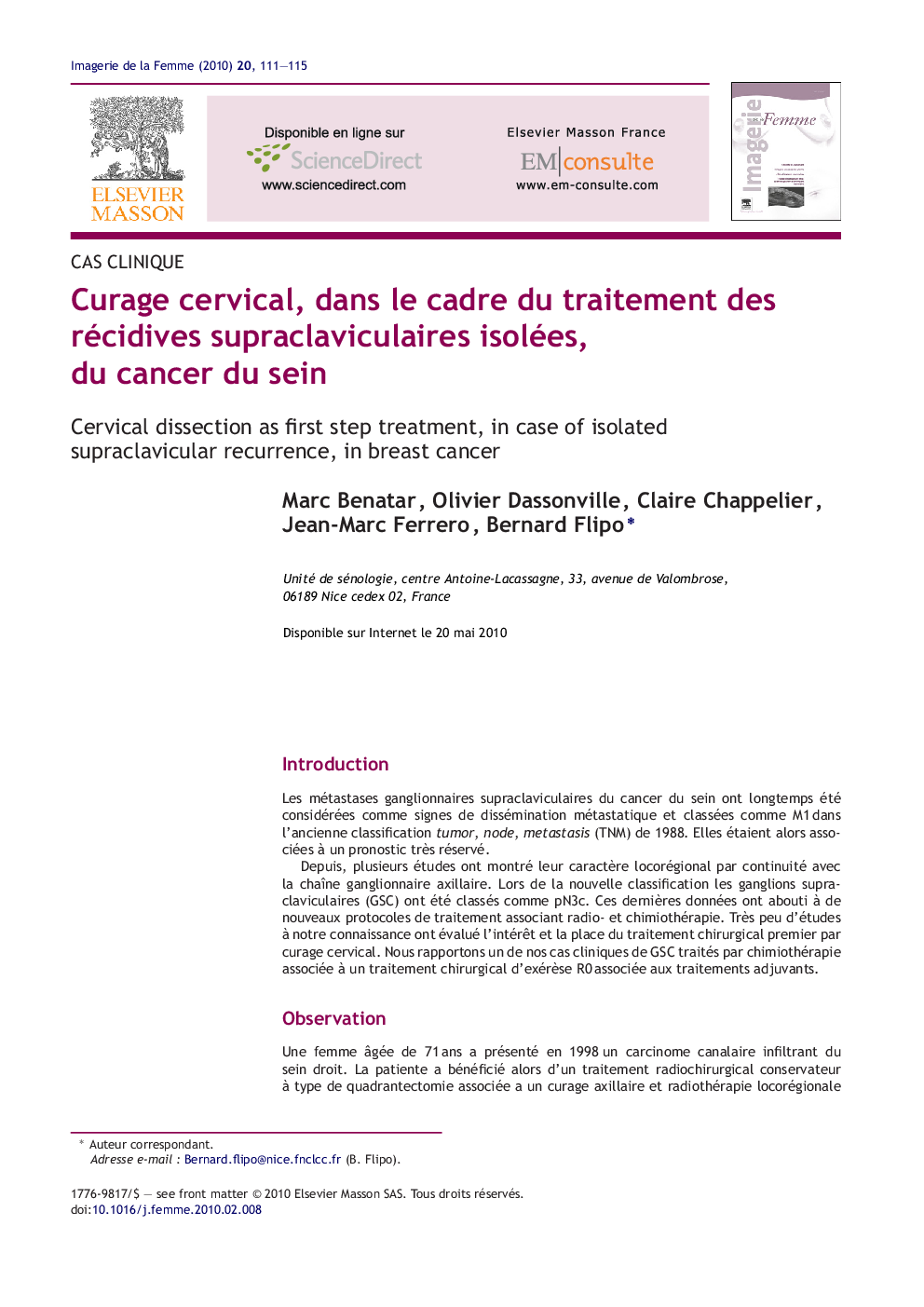 Curage cervical, dans le cadre du traitement des récidives supraclaviculaires isolées, du cancer du sein