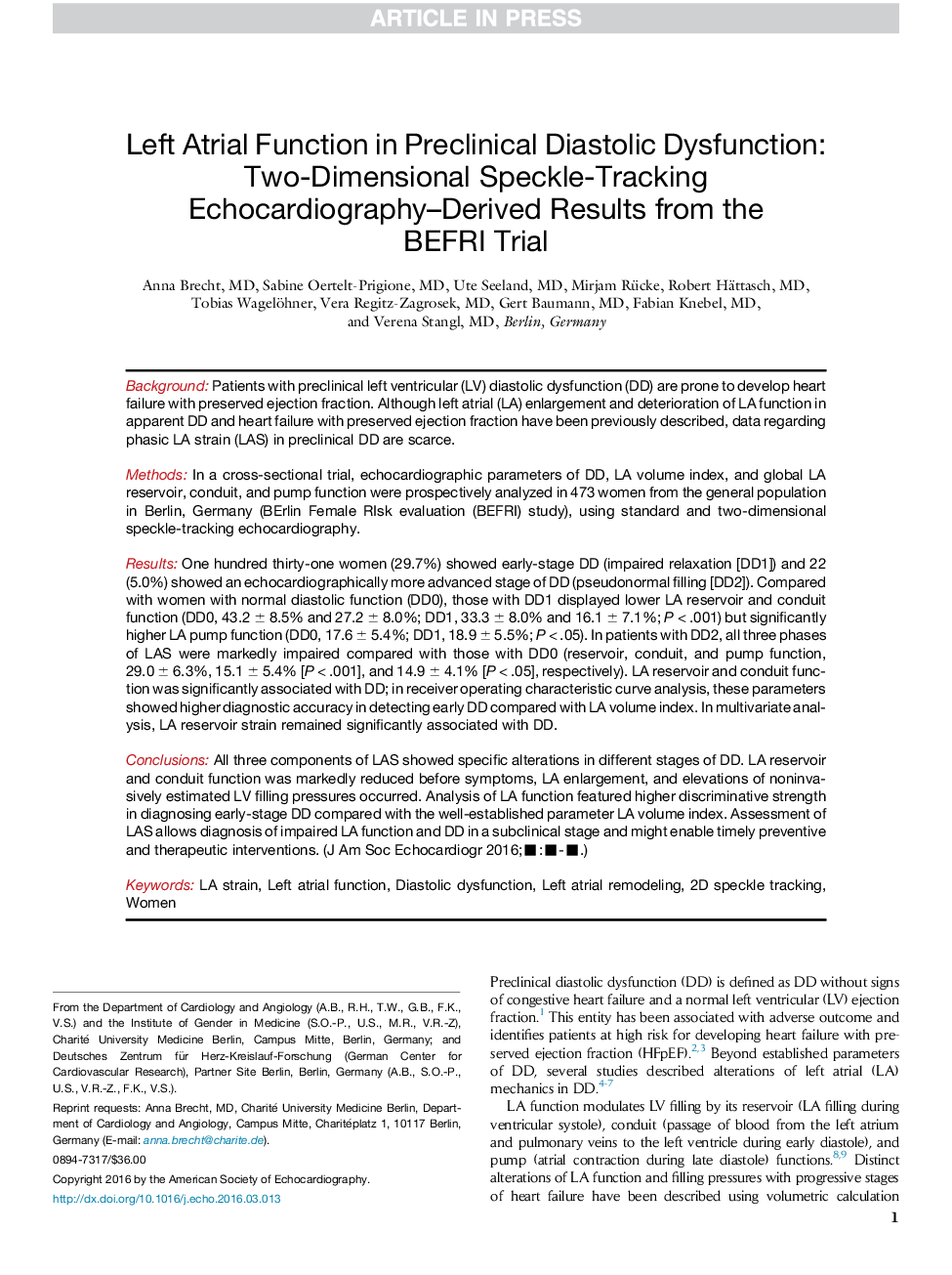 Left Atrial Function in Preclinical Diastolic Dysfunction: Two-Dimensional Speckle-Tracking Echocardiography-Derived Results from the BEFRI Trial