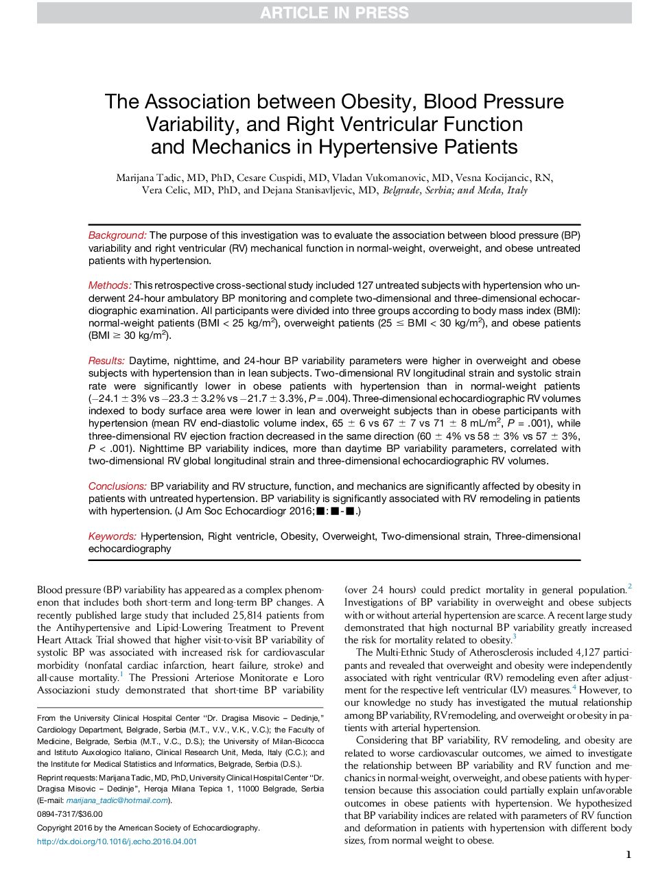 The Association between Obesity, Blood Pressure Variability, and Right Ventricular Function andÂ Mechanics in Hypertensive Patients