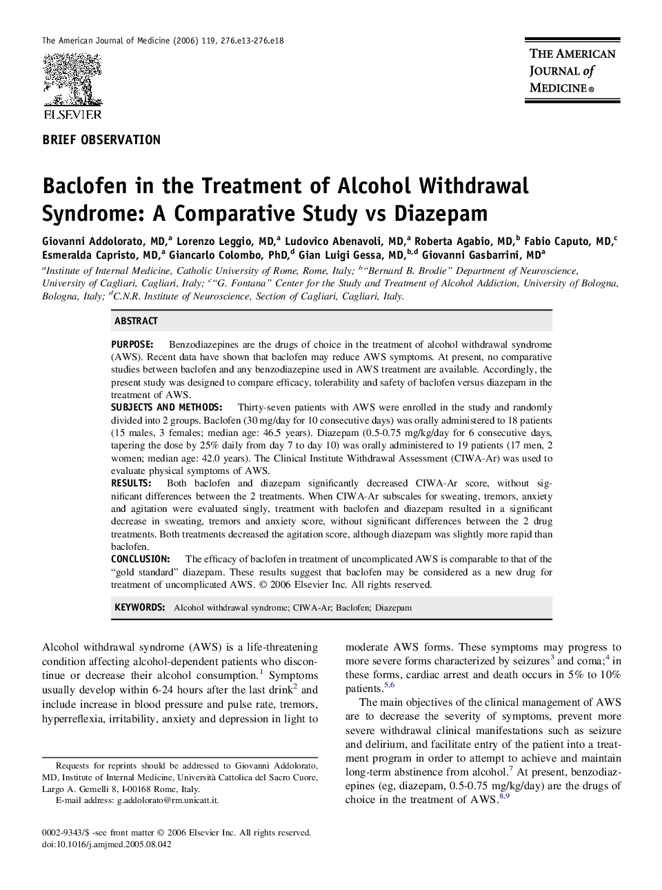 Baclofen in the Treatment of Alcohol Withdrawal Syndrome: A Comparative Study vs Diazepam
