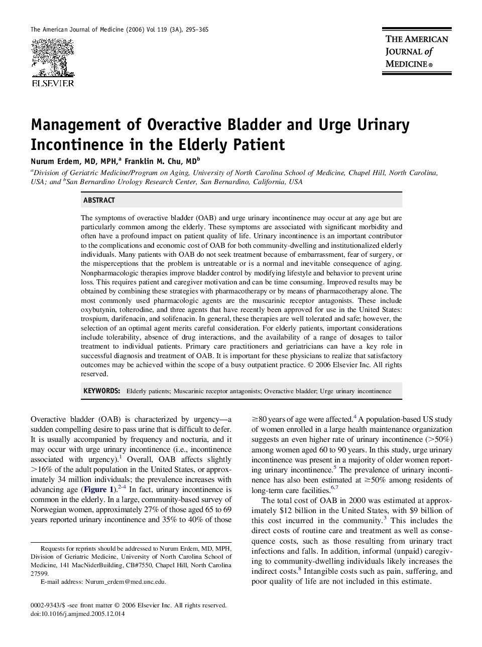 Management of Overactive Bladder and Urge Urinary Incontinence in the Elderly Patient