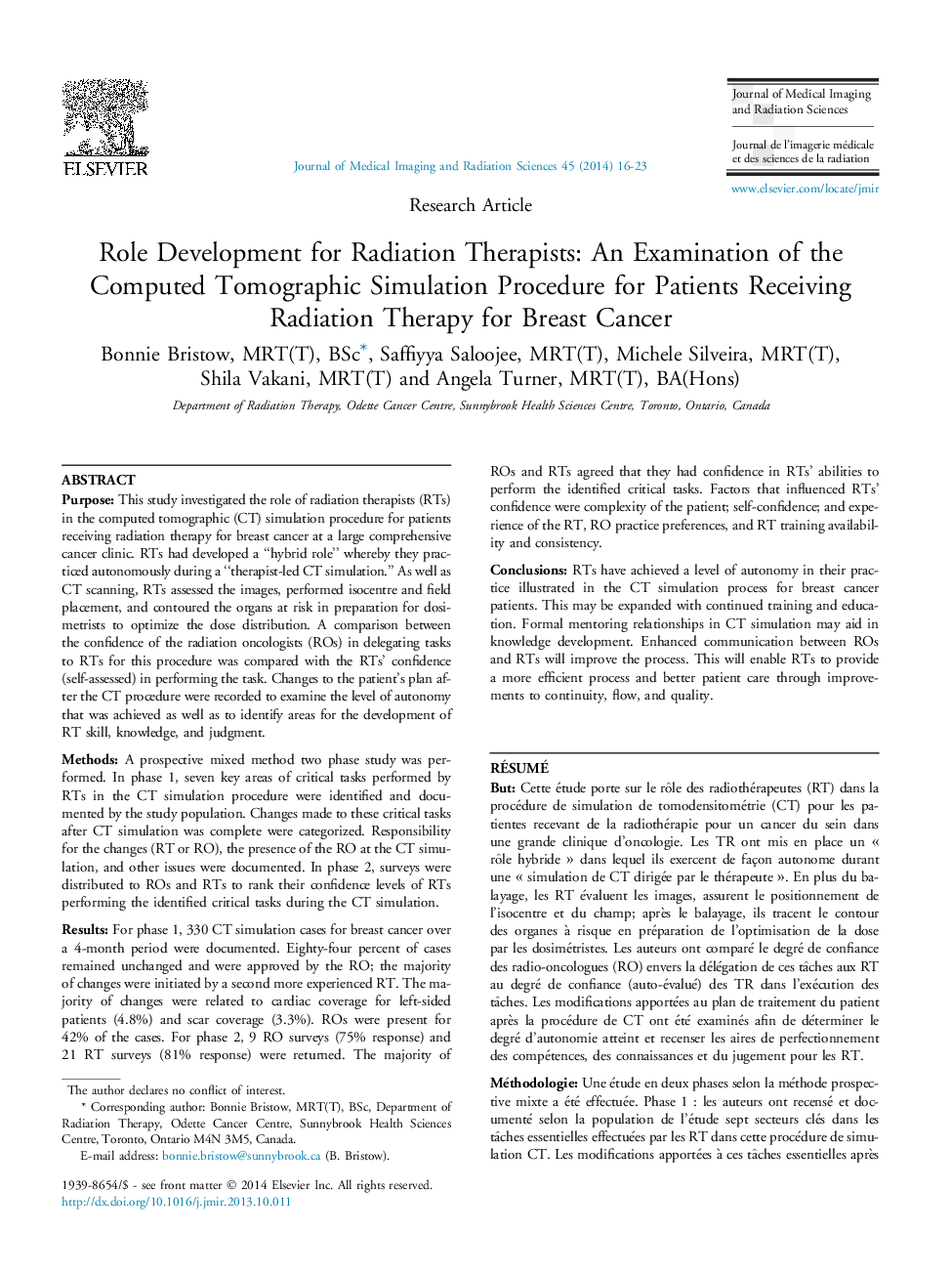 Role Development for Radiation Therapists: An Examination of the Computed Tomographic Simulation Procedure for Patients Receiving Radiation Therapy for Breast Cancer
