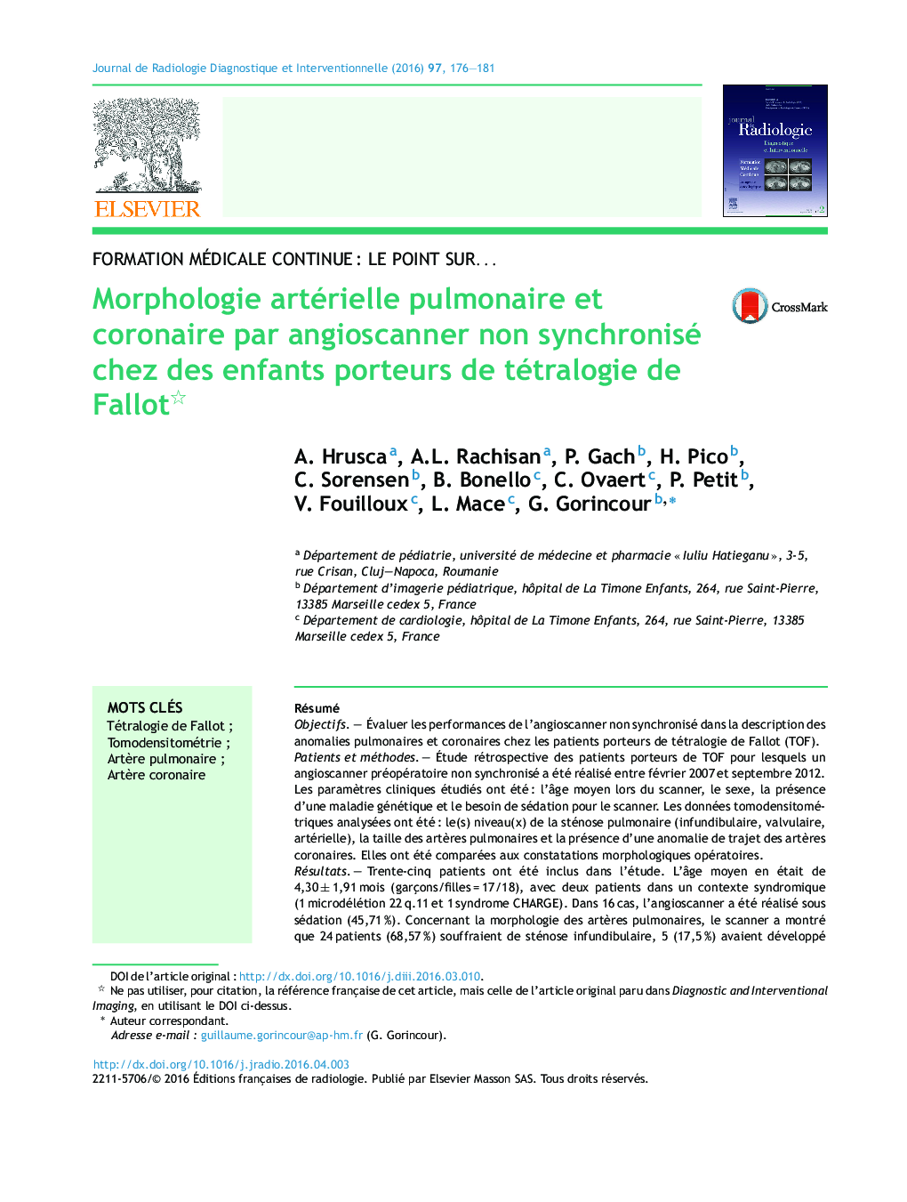 Morphologie artérielle pulmonaire et coronaire par angioscanner non synchronisé chez des enfants porteurs de tétralogie de Fallot