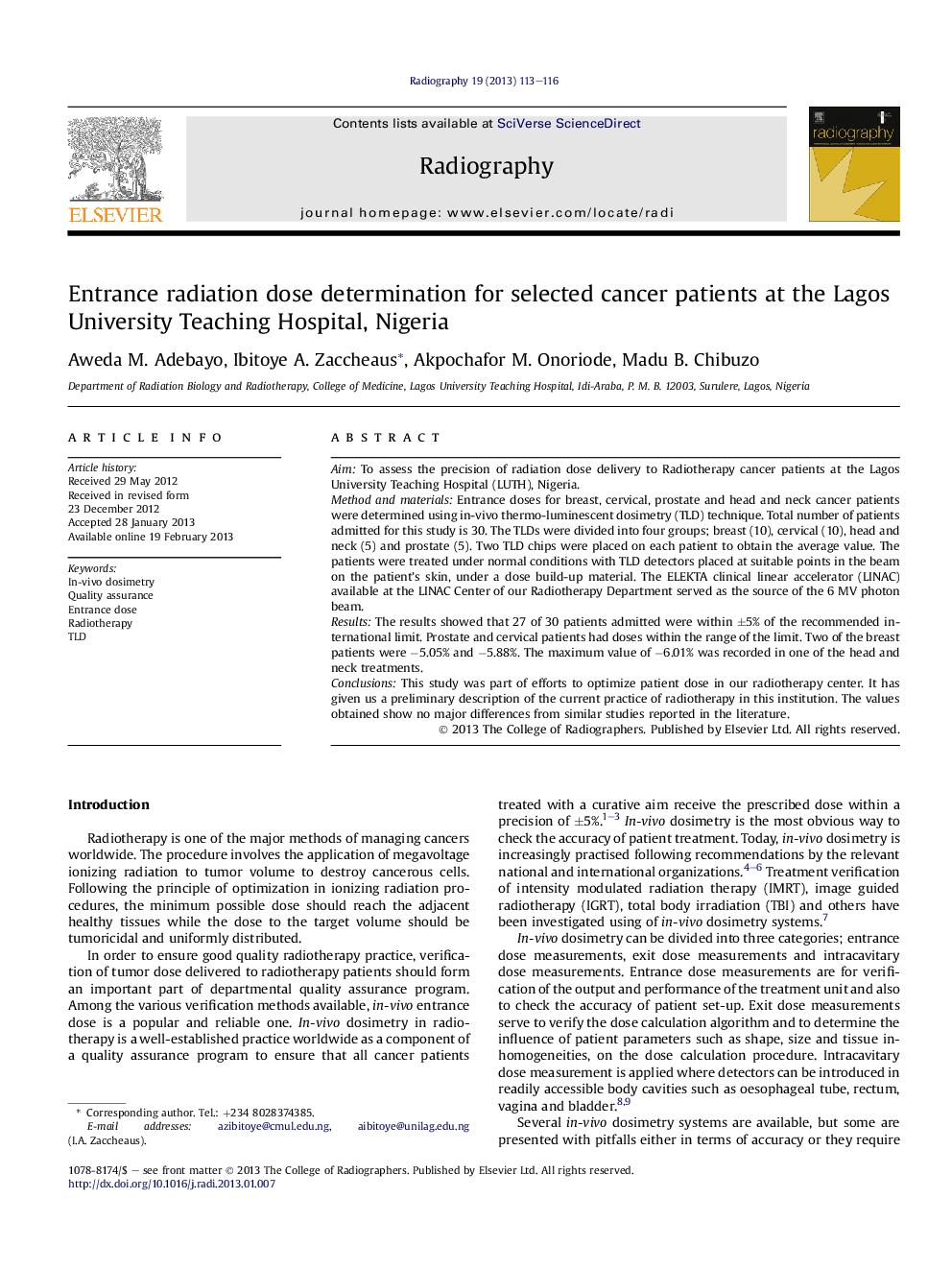 Entrance radiation dose determination for selected cancer patients at the Lagos University Teaching Hospital, Nigeria