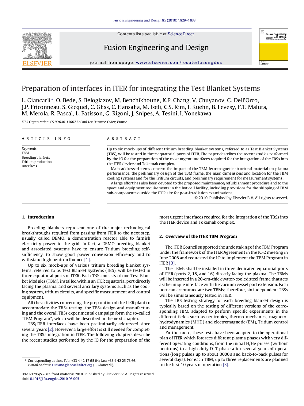 Preparation of interfaces in ITER for integrating the Test Blanket Systems