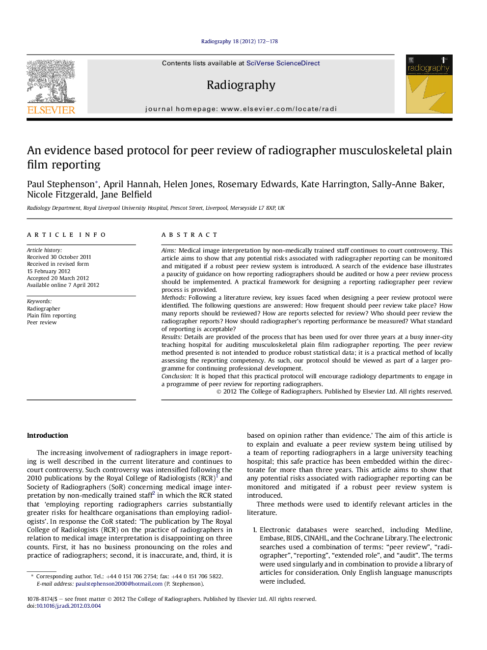 An evidence based protocol for peer review of radiographer musculoskeletal plain film reporting