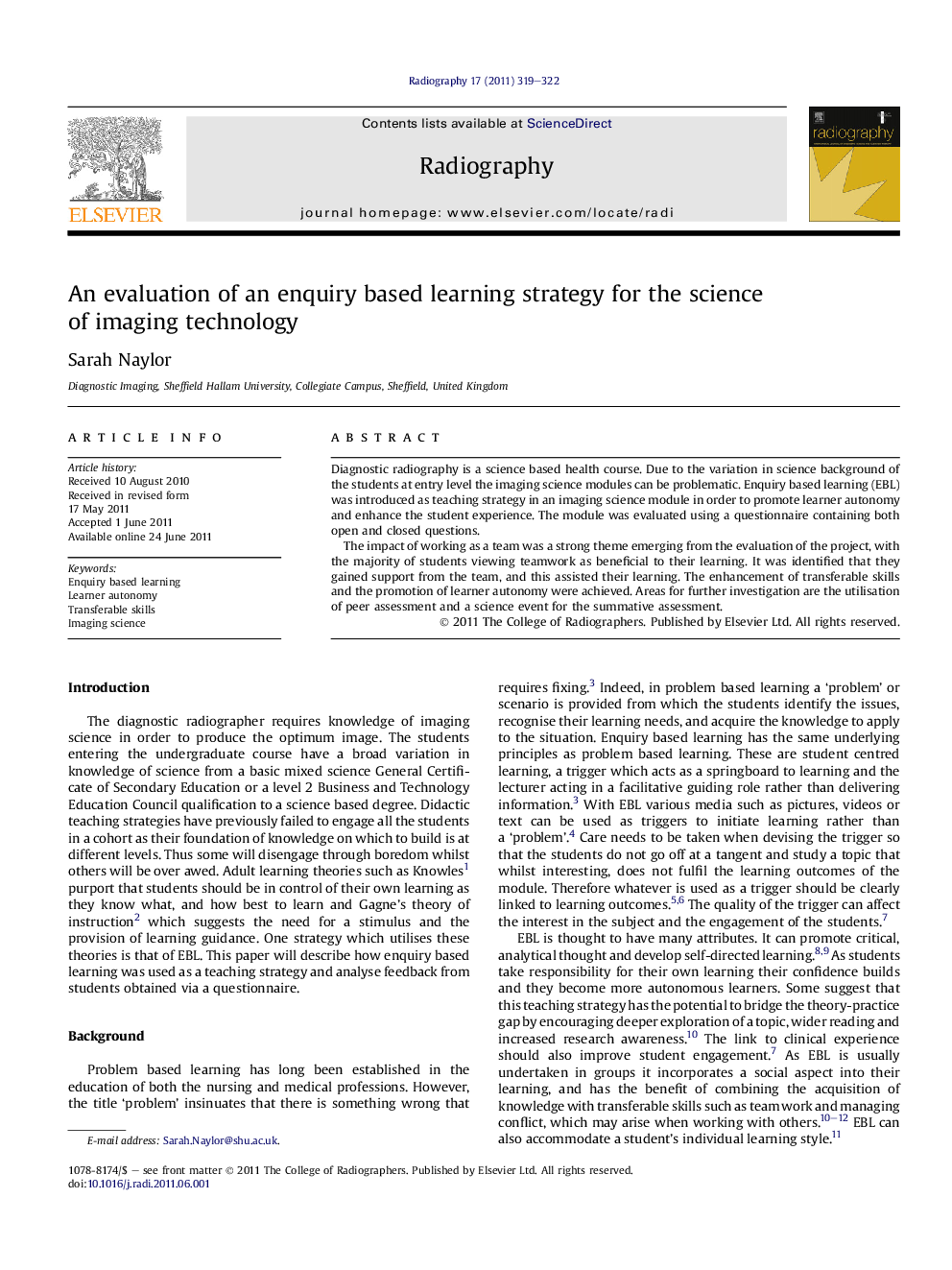 An evaluation of an enquiry based learning strategy for the science of imaging technology