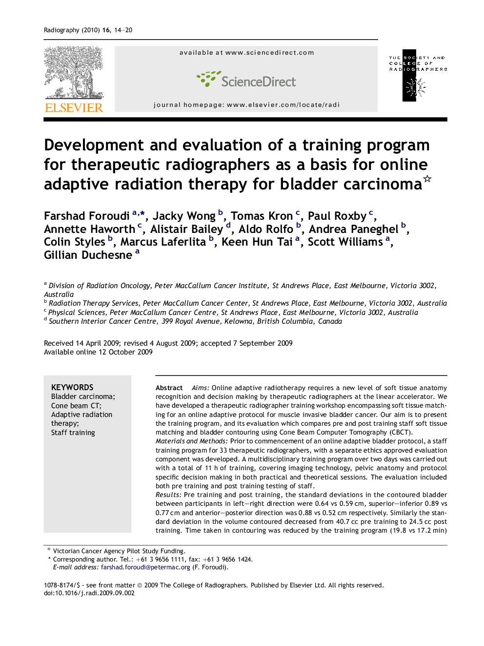 Development and evaluation of a training program for therapeutic radiographers as a basis for online adaptive radiation therapy for bladder carcinoma 