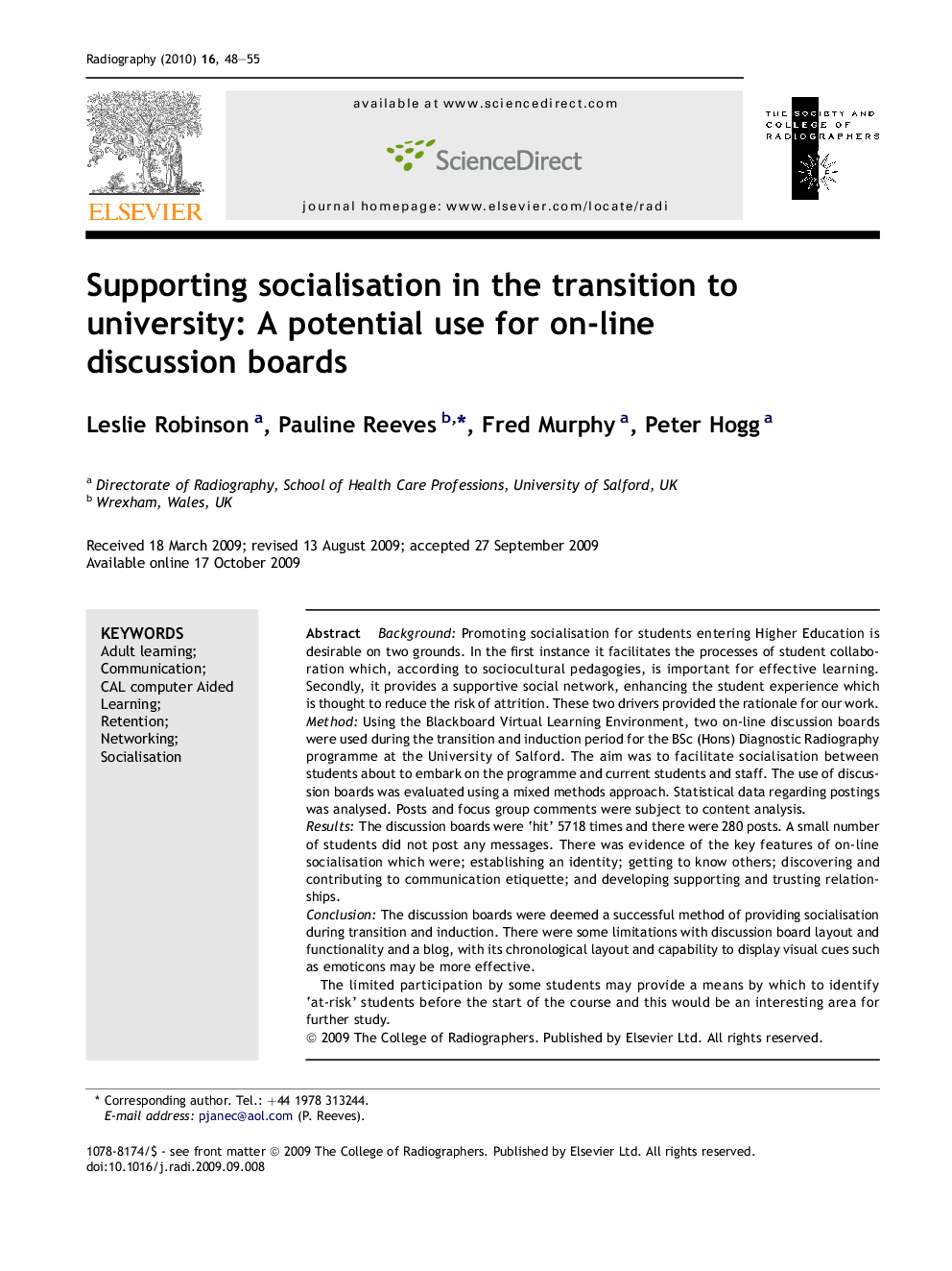 Supporting socialisation in the transition to university: A potential use for on-line discussion boards