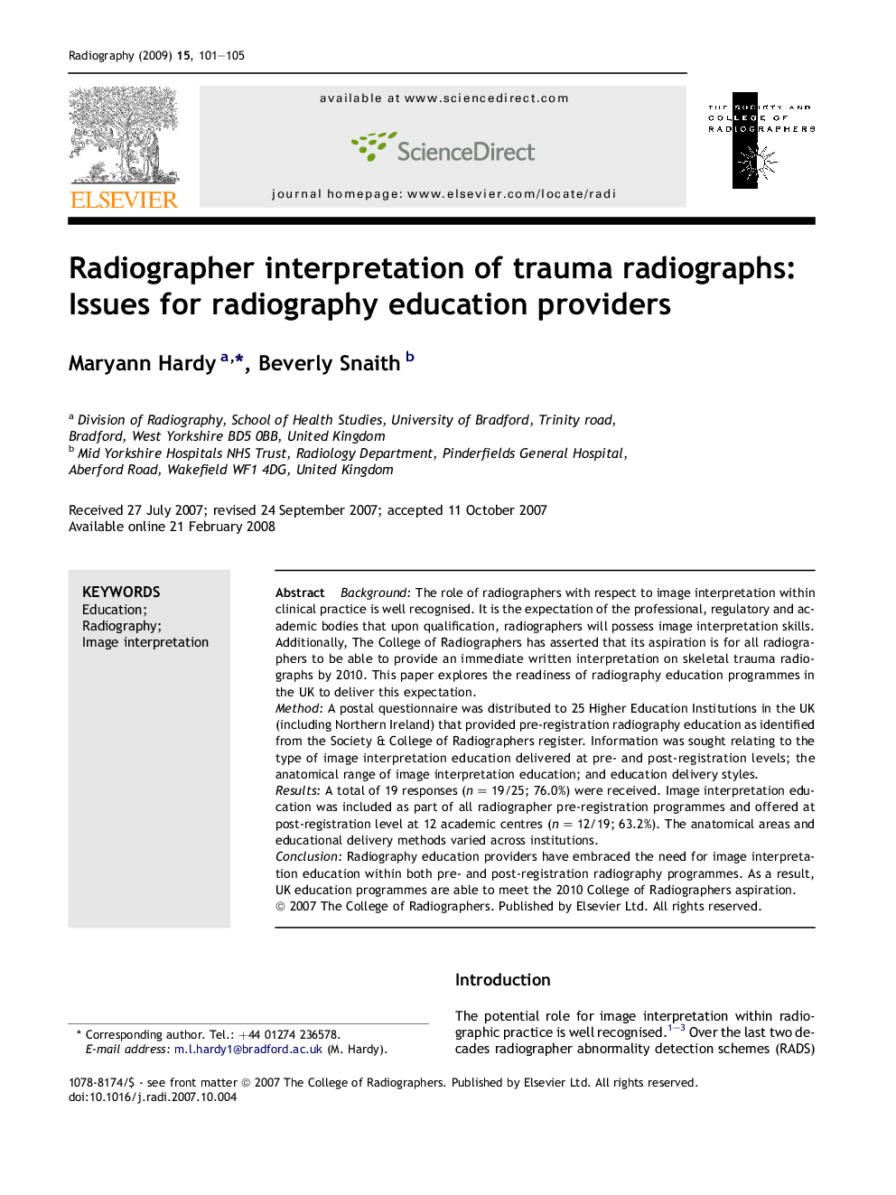 Radiographer interpretation of trauma radiographs: Issues for radiography education providers