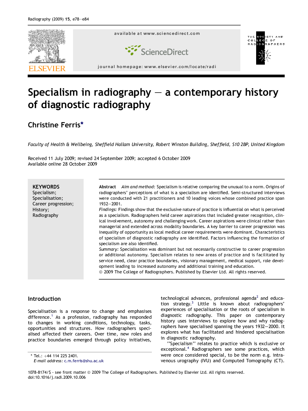 Specialism in radiography - a contemporary history of diagnostic radiography