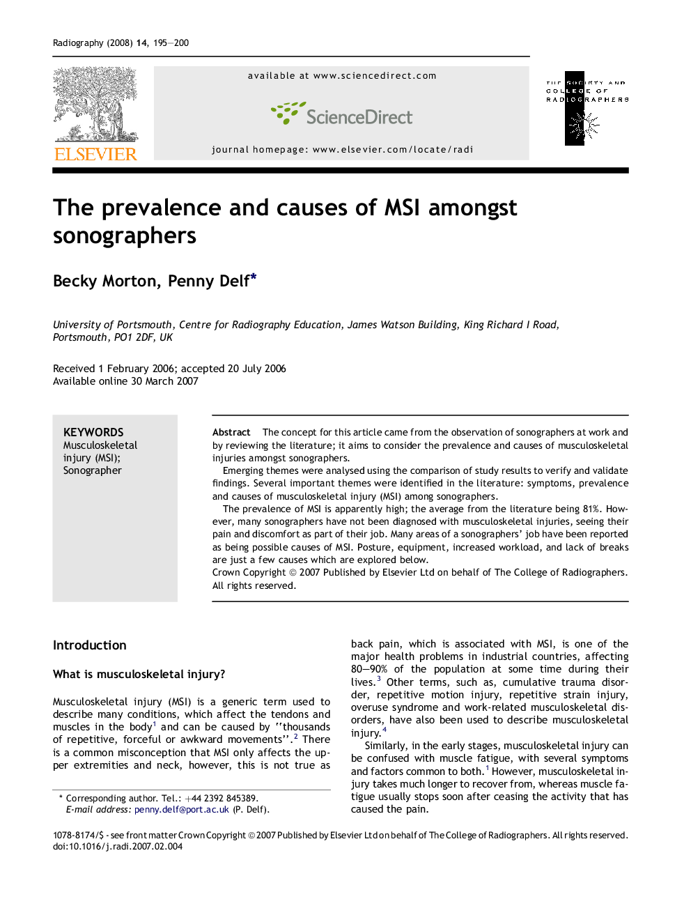 The prevalence and causes of MSI amongst sonographers