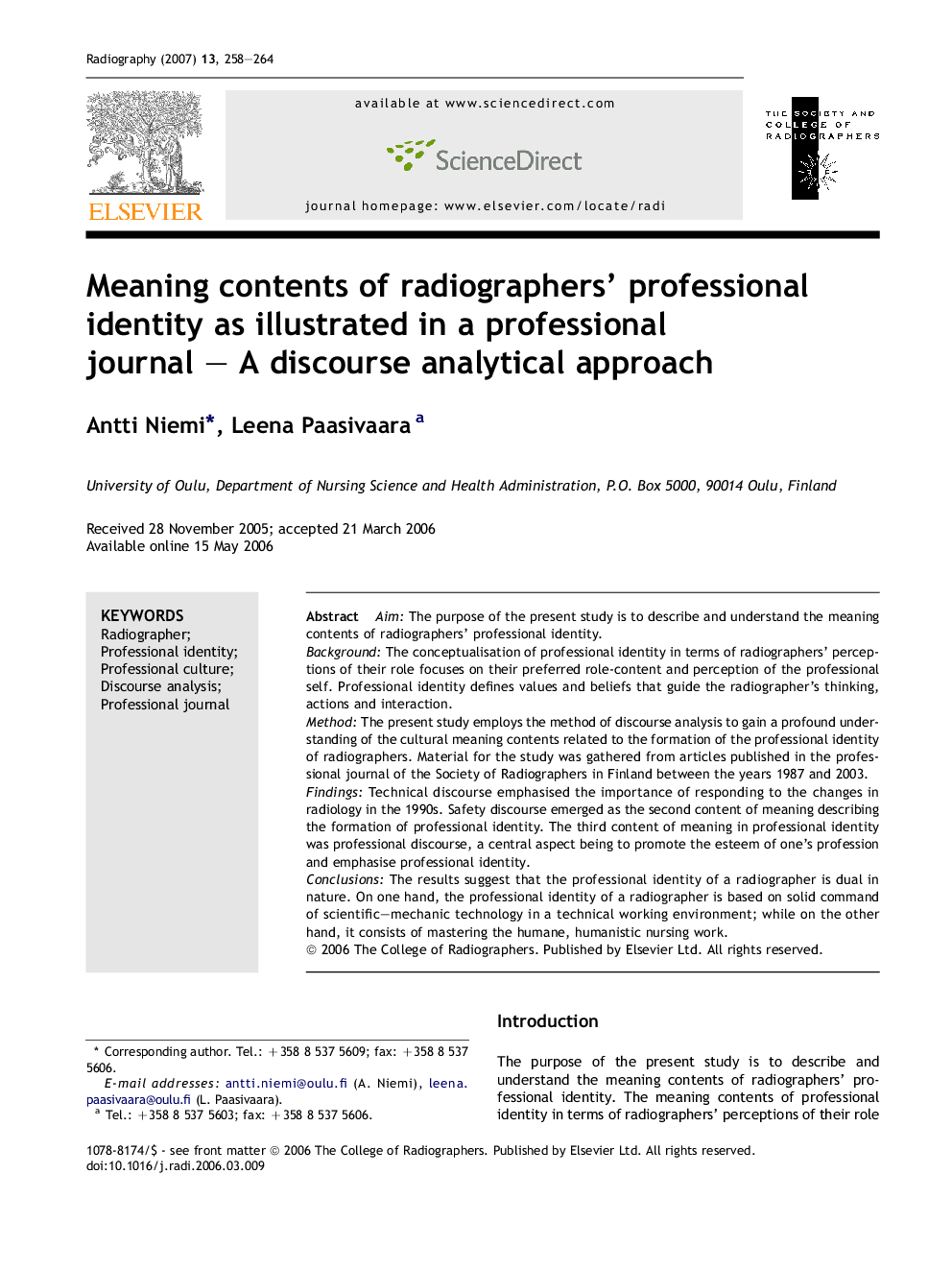 Meaning contents of radiographers' professional identity as illustrated in a professional journal – A discourse analytical approach