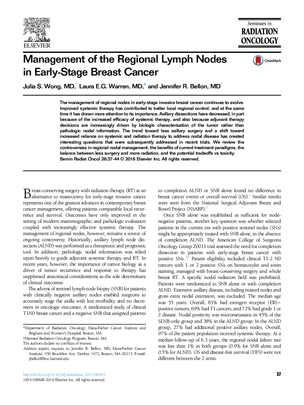 Management of the Regional Lymph Nodes in Early-Stage Breast Cancer 