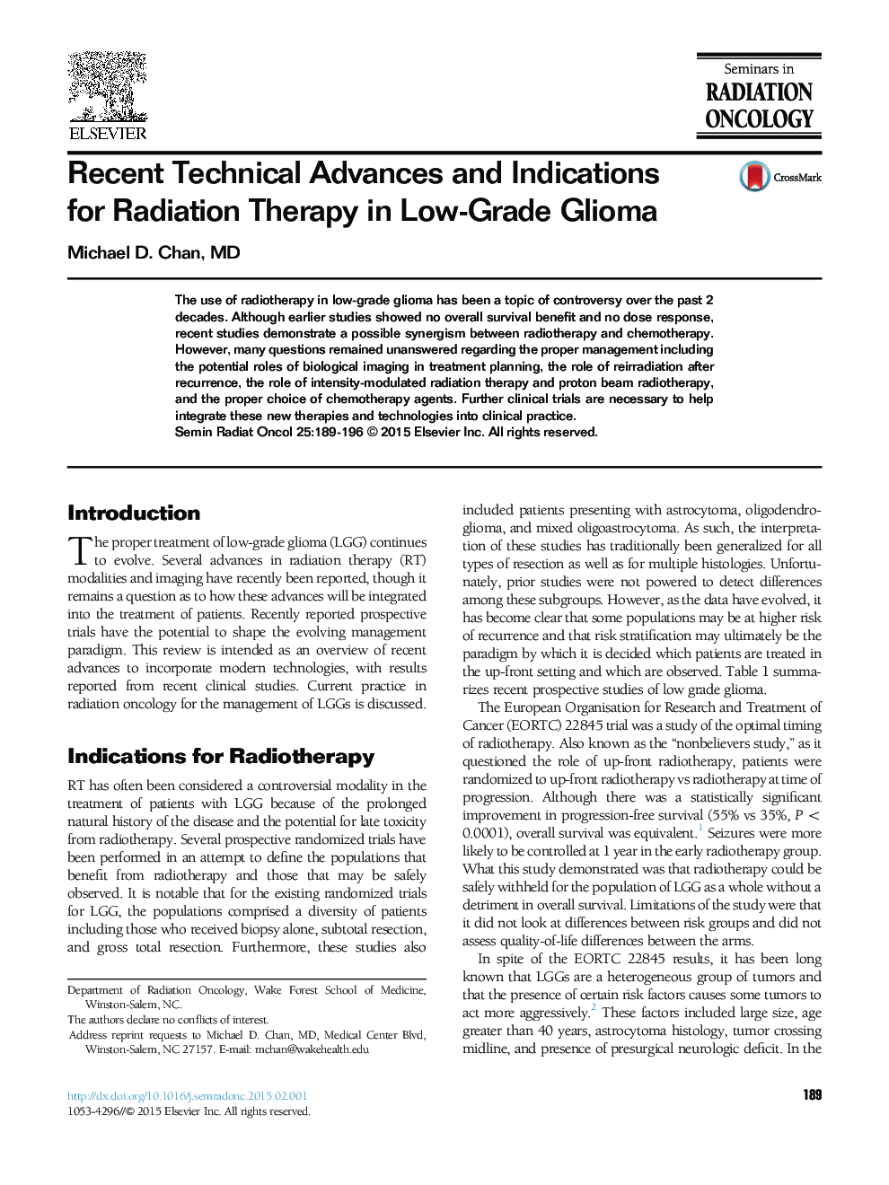 Recent Technical Advances and Indications for Radiation Therapy in Low-Grade Glioma 