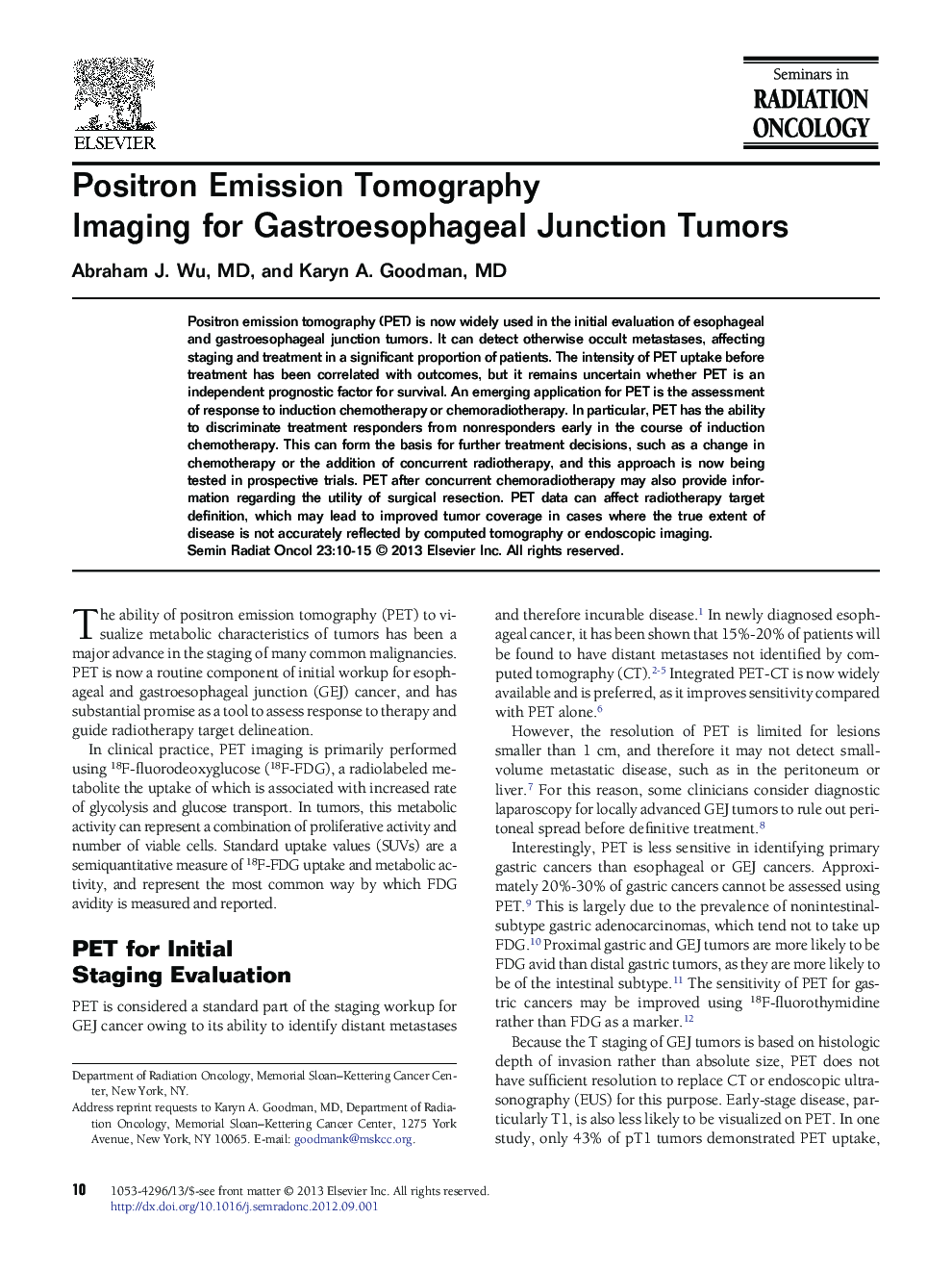 Positron Emission Tomography Imaging for Gastroesophageal Junction Tumors