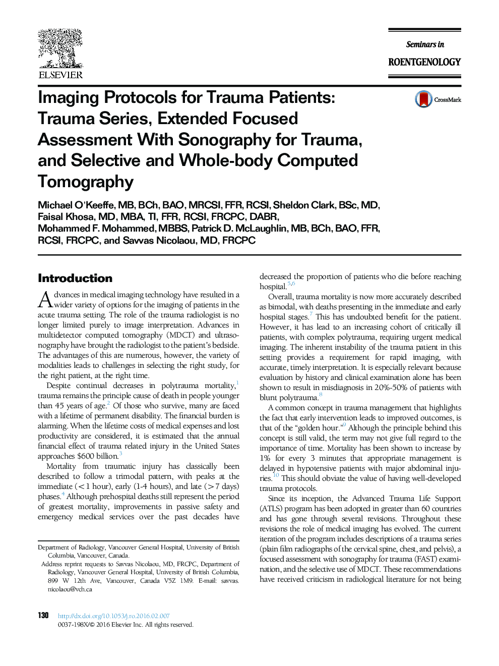 Imaging Protocols for Trauma Patients: Trauma Series, Extended Focused Assessment With Sonography for Trauma, and Selective and Whole-body Computed Tomography
