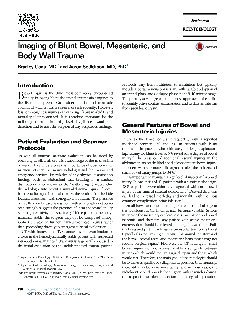 Imaging of Blunt Bowel, Mesenteric, and Body Wall Trauma