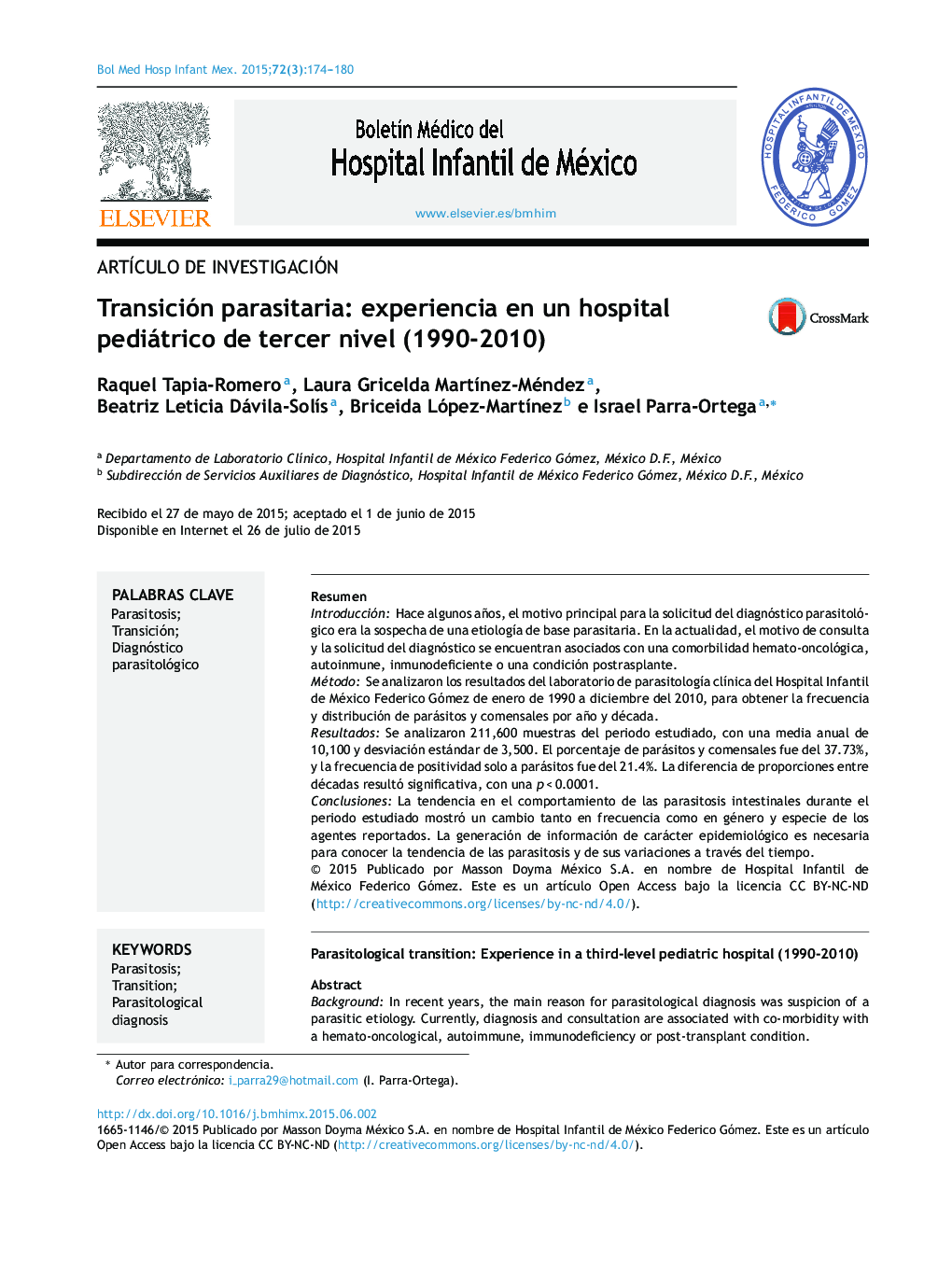 Transición parasitaria: experiencia en un hospital pediátrico de tercer nivel (1990-2010)