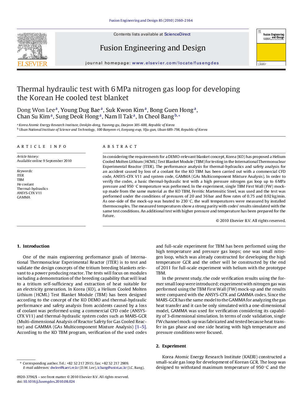 عکس صفحه اول مقاله: Thermal hydraulic test with 6 MPa nitrogen gas loop for developing the Korean He cooled test blanket Thermal hydraulic test with 6 MPa nitrogen gas loop for developing the Korean He cooled test blanket