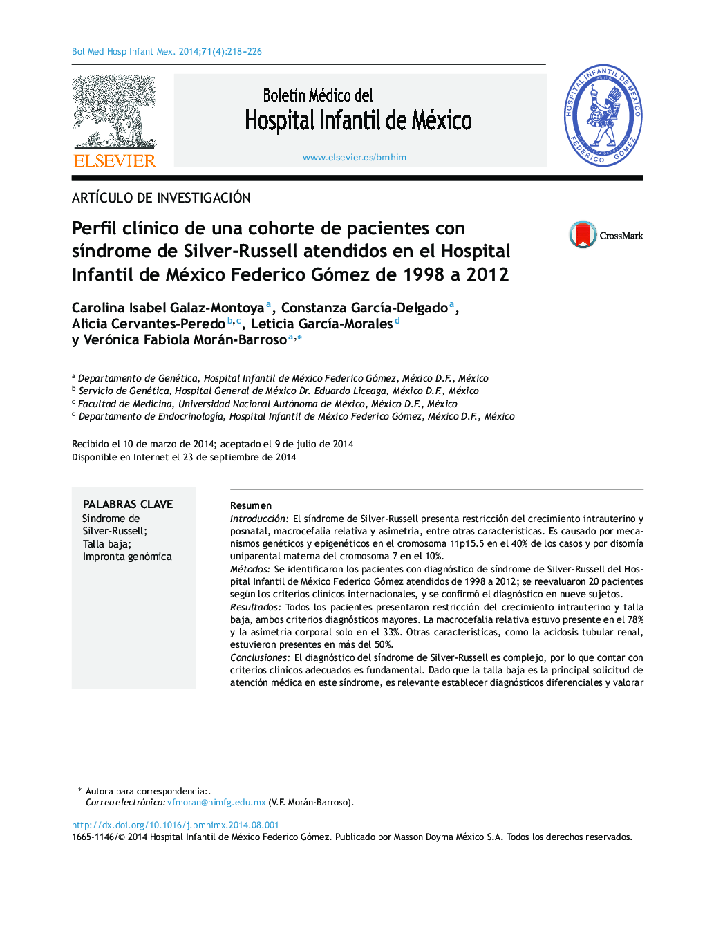 Perfil clínico de una cohorte de pacientes con síndrome de Silver-Russell atendidos en el Hospital Infantil de México Federico Gómez de 1998 a 2012