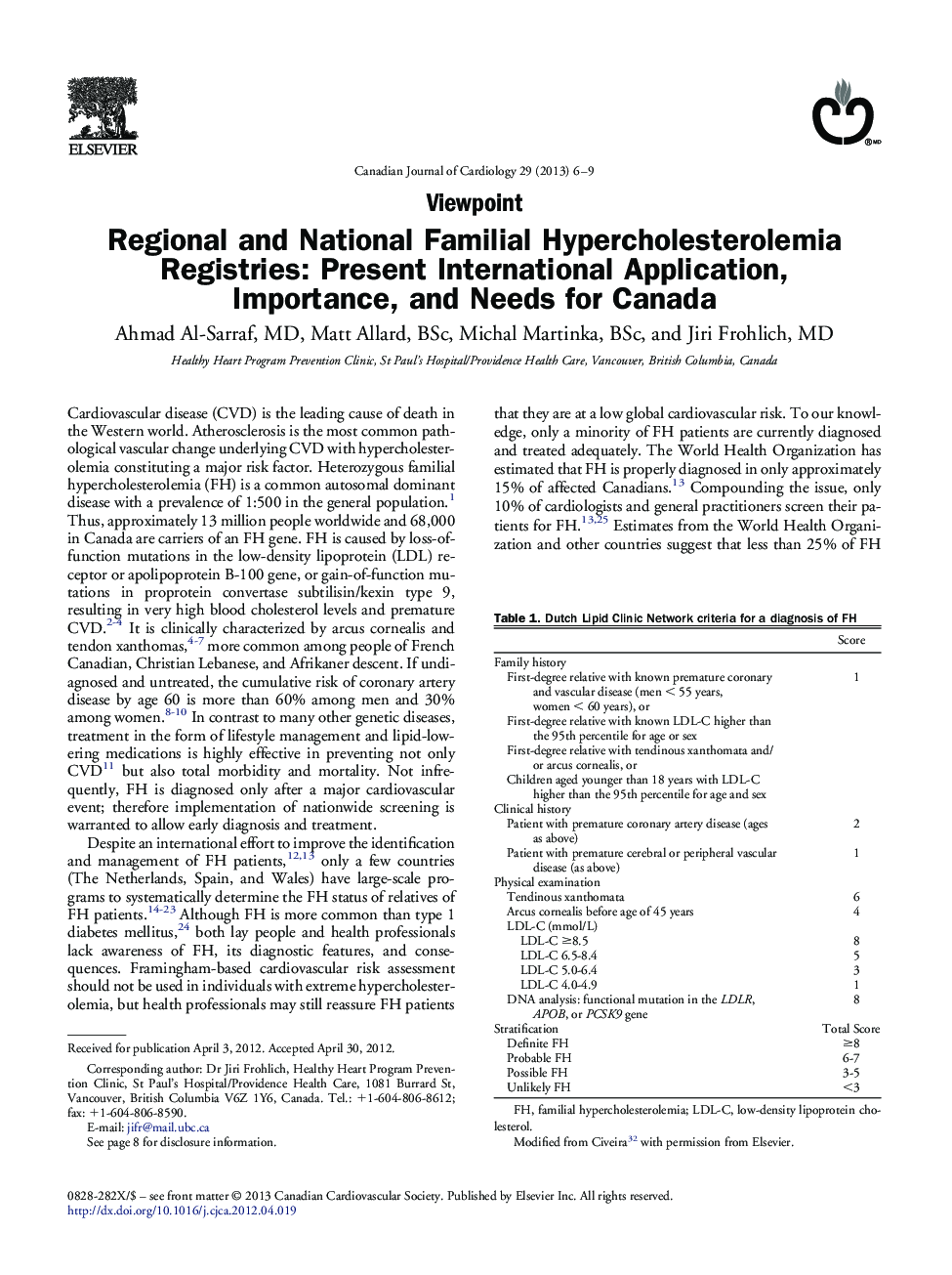 Regional and National Familial Hypercholesterolemia Registries: Present International Application, Importance, and Needs for Canada