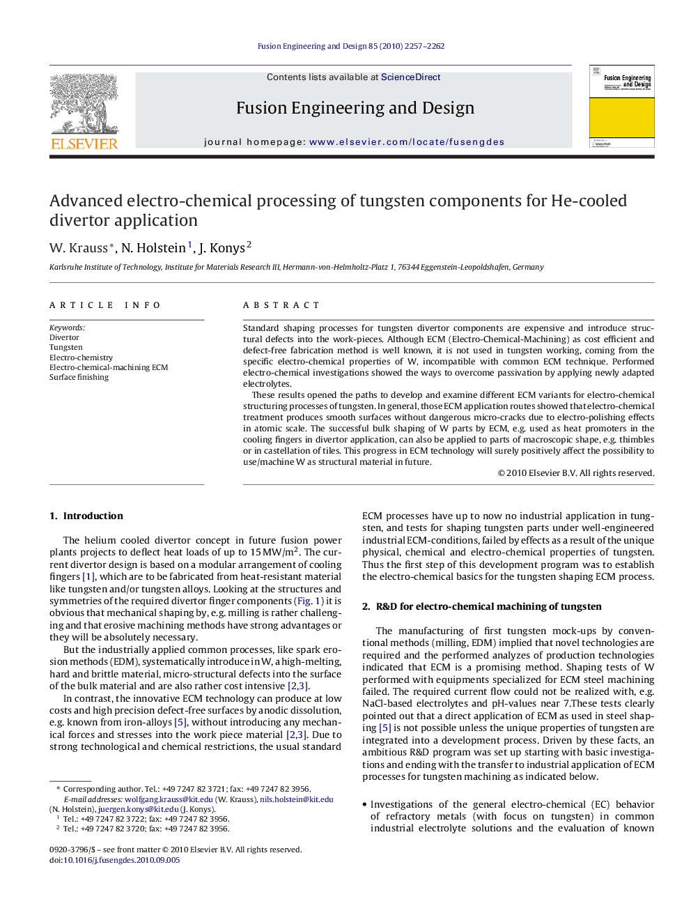 Advanced electro-chemical processing of tungsten components for He-cooled divertor application