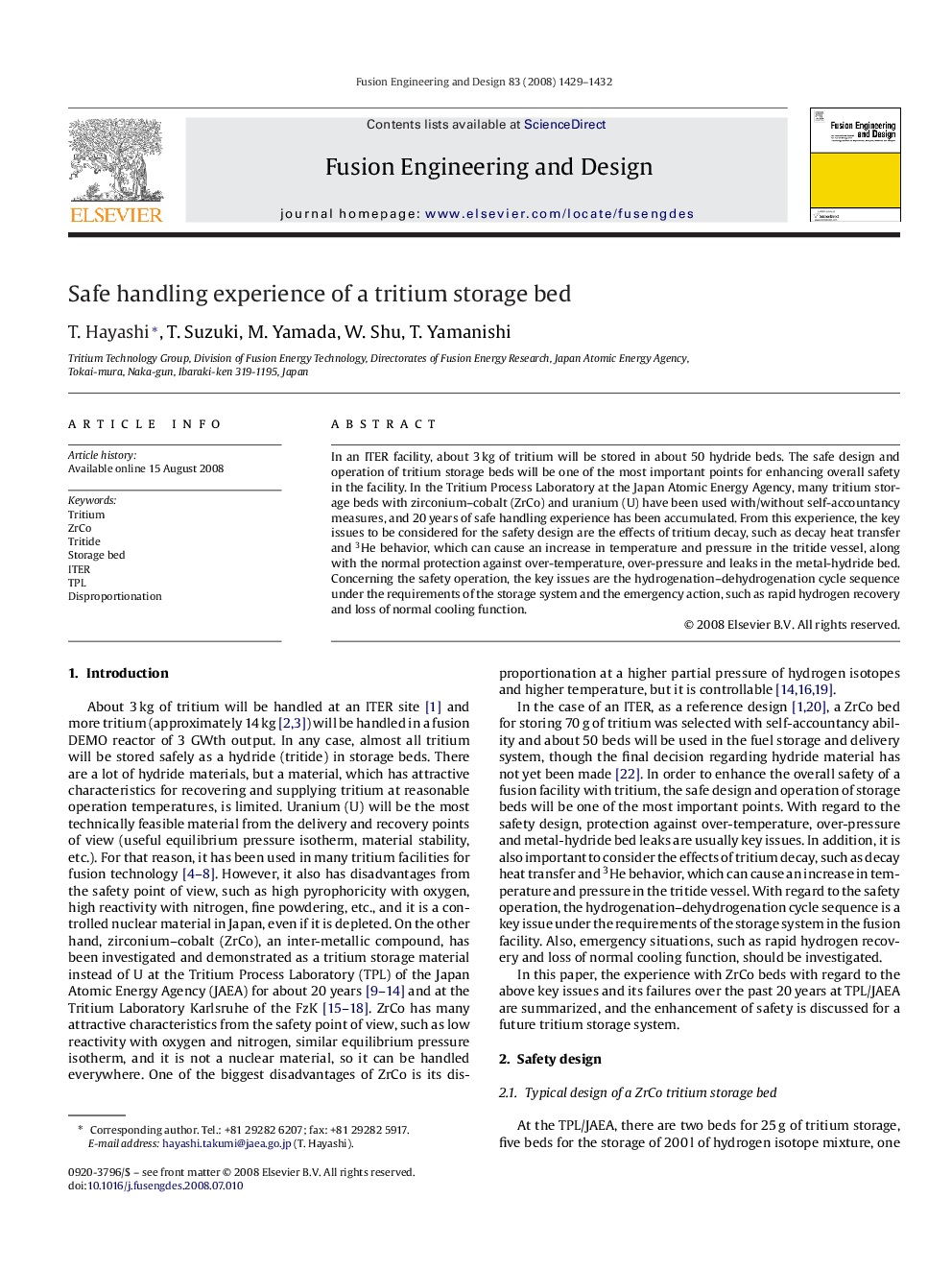 Safe handling experience of a tritium storage bed