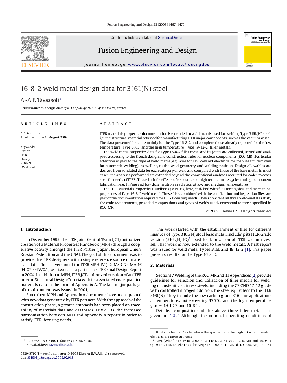 16-8-2 weld metal design data for 316L(N) steel