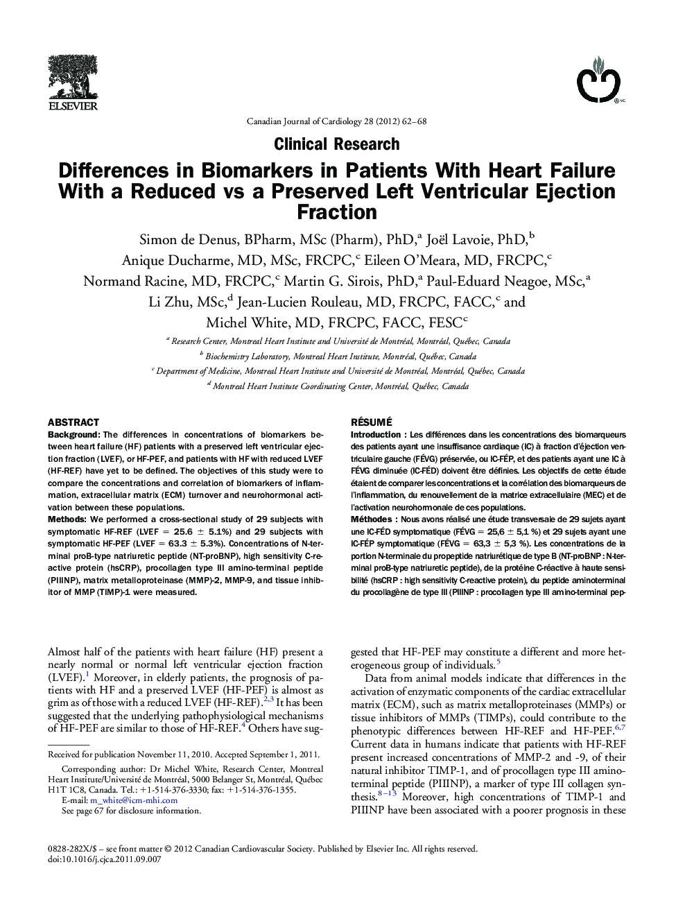 Differences in Biomarkers in Patients With Heart Failure With a Reduced vs a Preserved Left Ventricular Ejection Fraction 