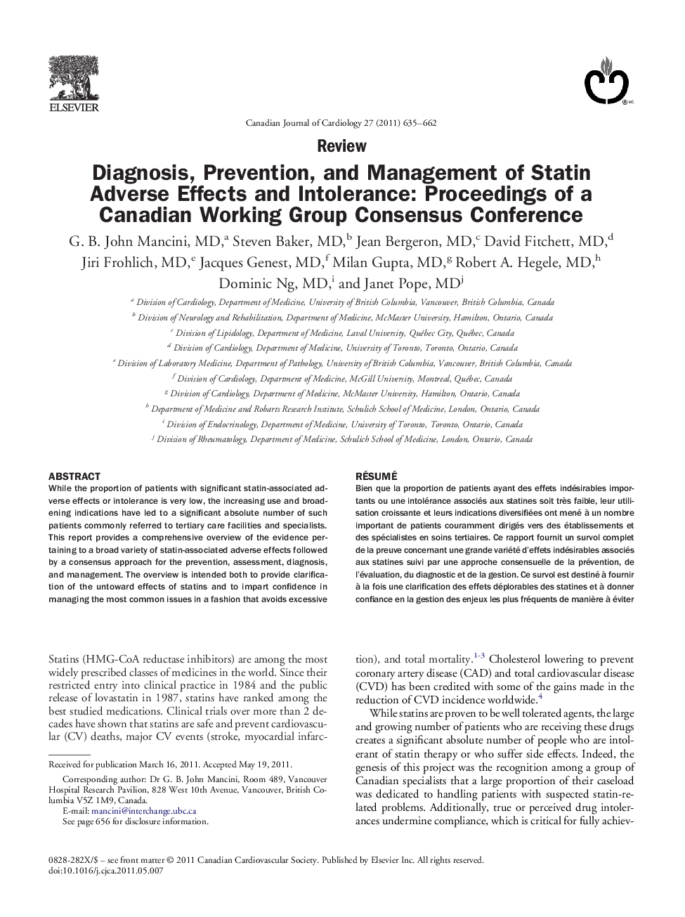 Diagnosis, Prevention, and Management of Statin Adverse Effects and Intolerance: Proceedings of a Canadian Working Group Consensus Conference 